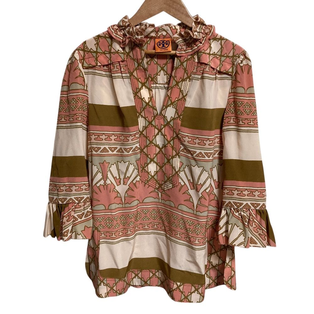 美品 TORY BURCH トリーバーチ シルク100％ 総柄 七分袖 ブラウス 
