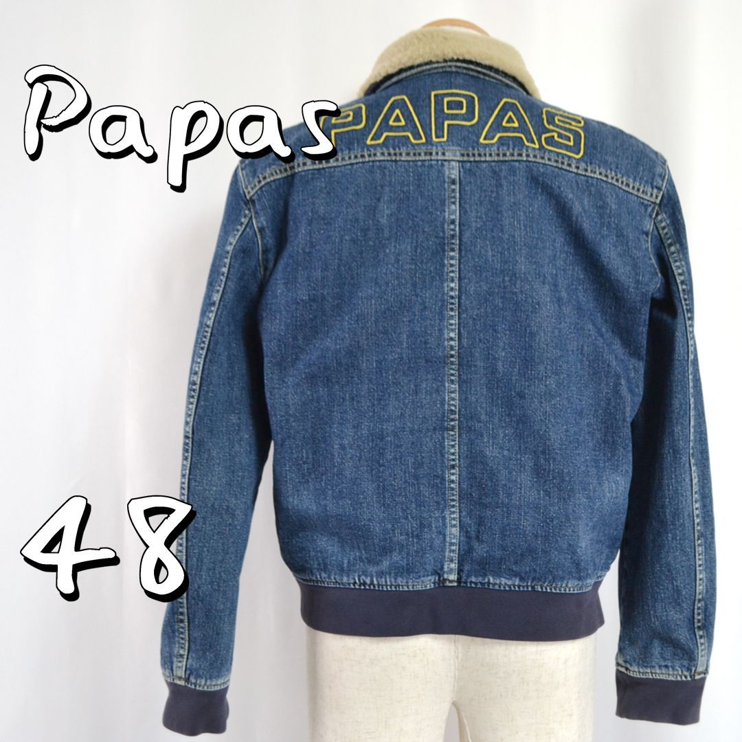 Papasパパス 刺繍ロゴ エンブレム総柄プリント裏地 襟ボアデニム 
