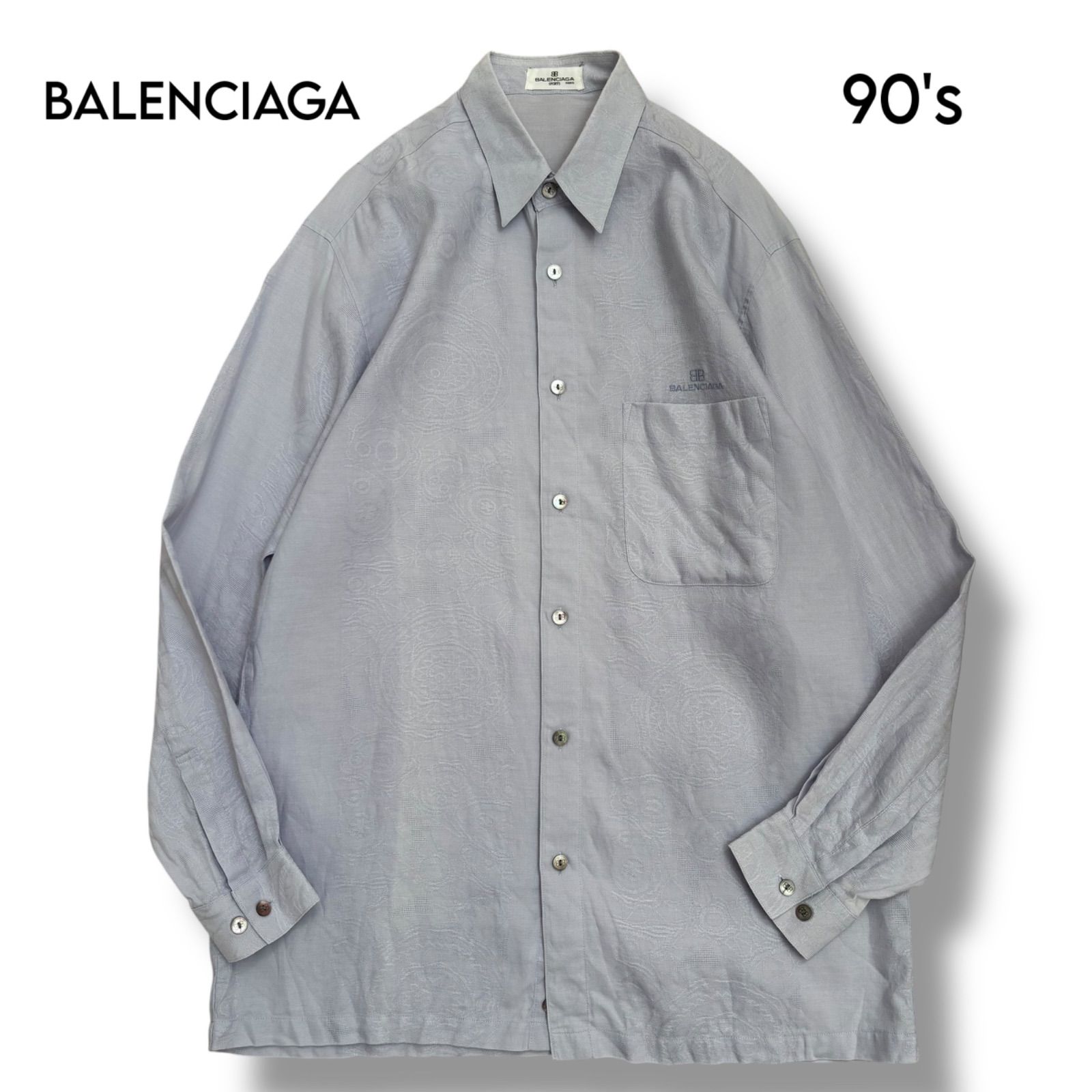 BALENCIAGA】90's 総柄ジャガード リネン混 ロゴ刺繍 ボタンシャツ
