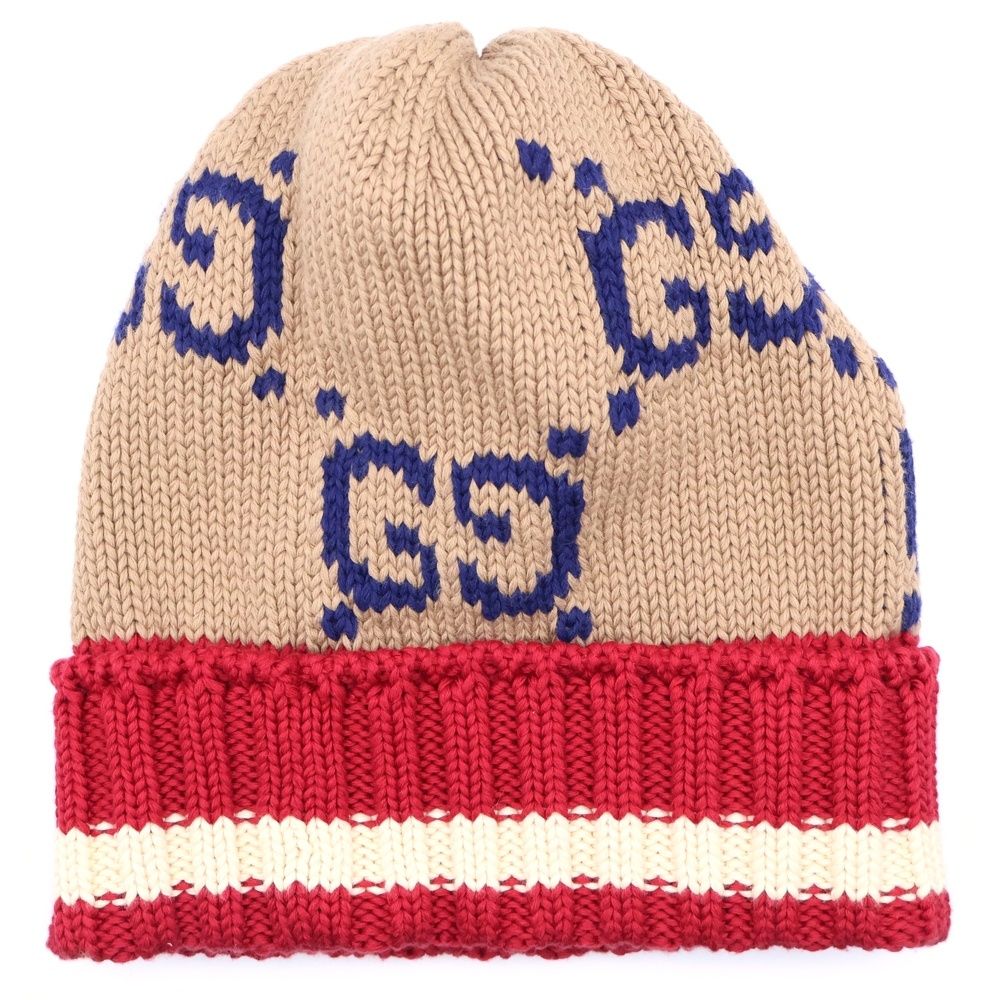 美品　GUCCI グッチ 帽子 ニット帽 597636 GGコットン　キャップ 帽子 GUCCI (グッチ) GG総柄 コットン ニットキャップ ビーニー