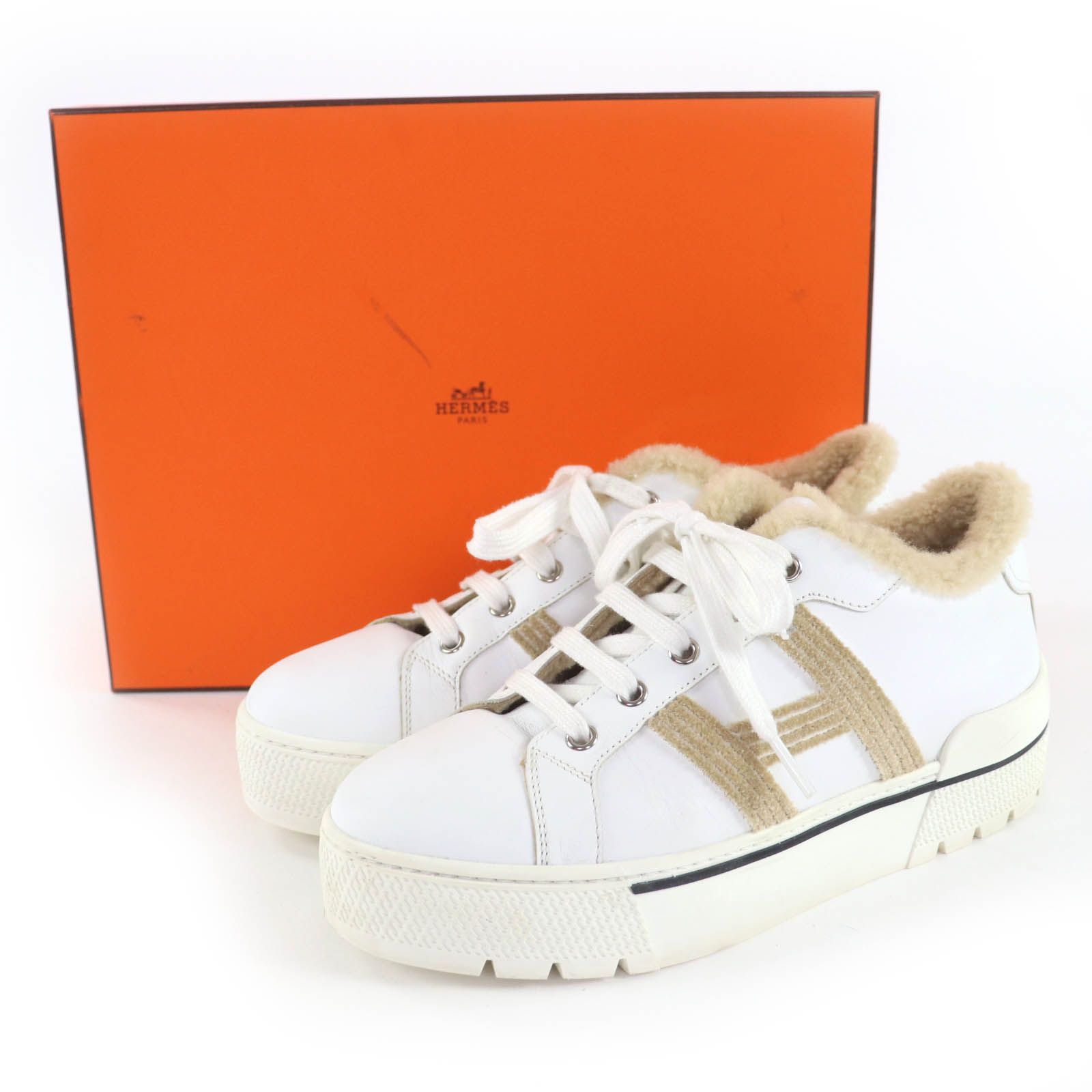 美品☆HERMES エルメス デア Hロゴデザイン ムートン レザー 