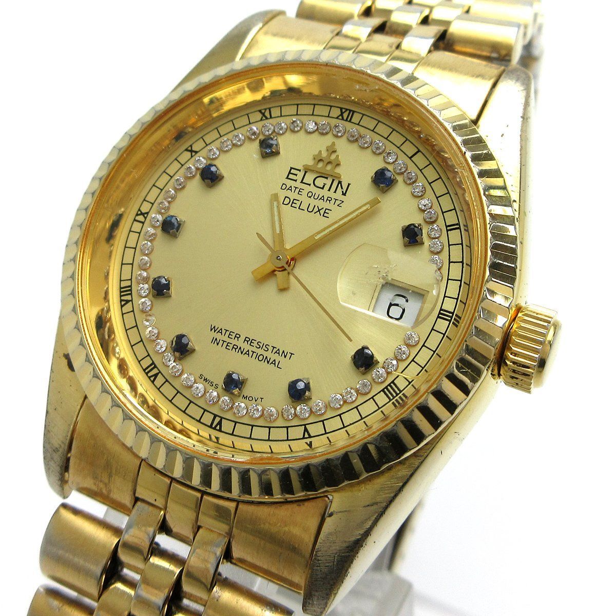 新品電池/稼働 ELGIN DATE QUARTZ DELUXE メンズ 腕時計 エルジン 