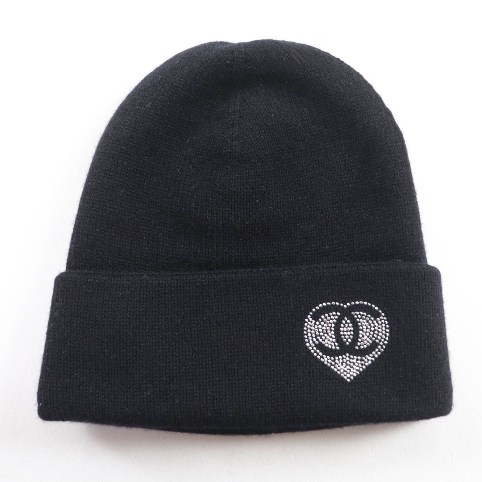 【極美品】CHANEL シャネル ニット帽 チェーン ココマーク カシミヤ 黒 極美品☆CHANEL シャネル カシミヤ100％ ココマーク ラインストーン付