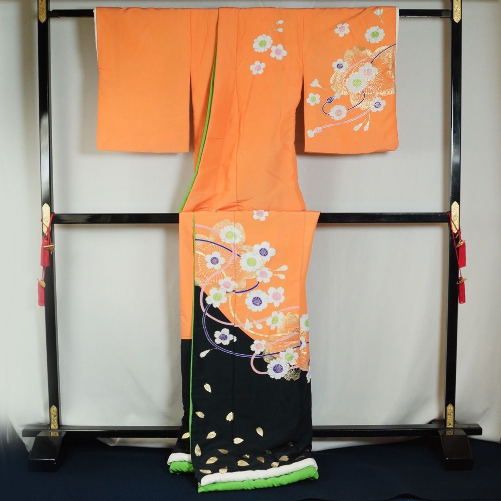 裾引き 舞踊用 踊り着物 裾引 引き摺り 紐に桜模様 比翼付き お引き