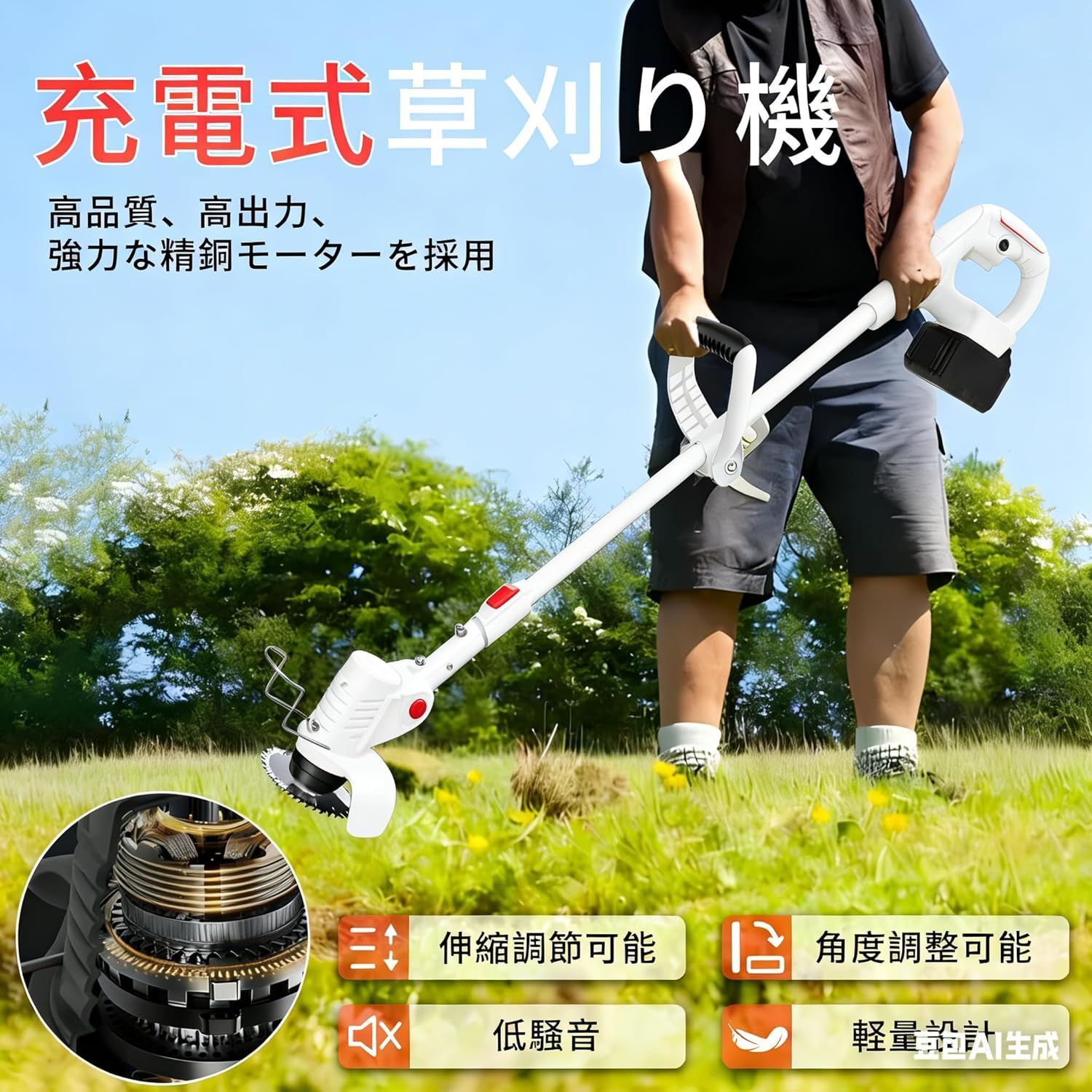 草刈り機 充電式 大容量バッテリー2個搭載 4種替刃 草刈機 草刈り 