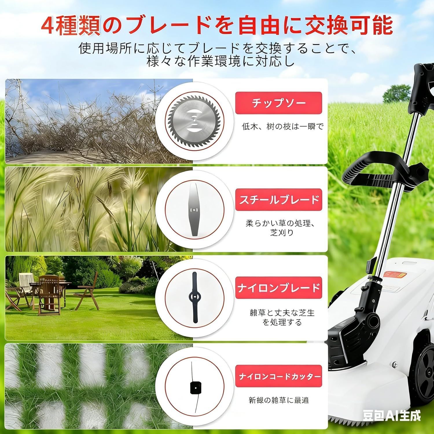 草刈り機 充電式 大容量バッテリー2個搭載 4種替刃 草刈機 草刈り 