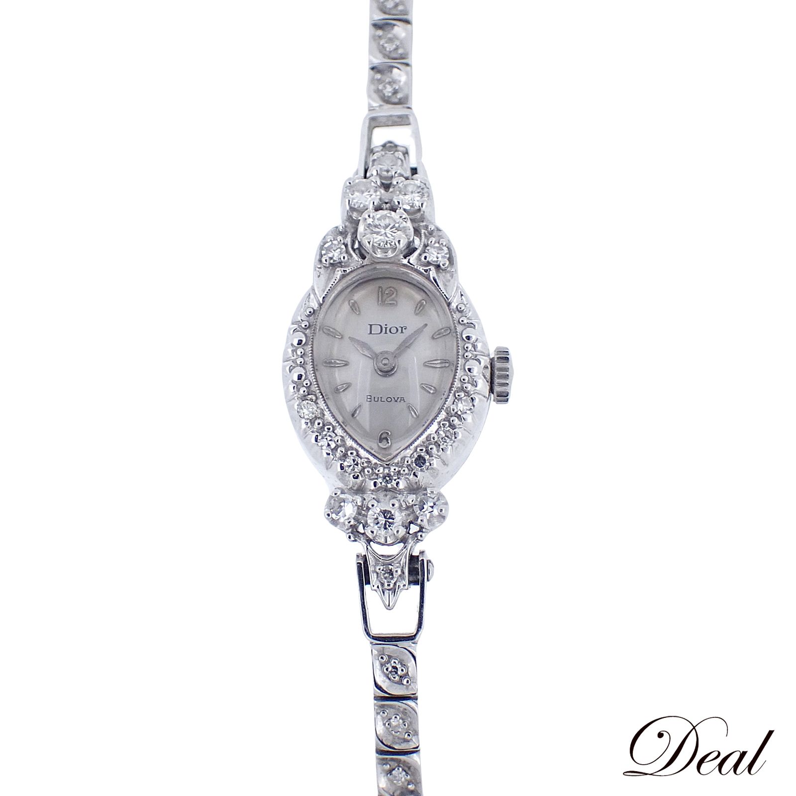 K14WG BULOVA ブローバ  ディオール ダイヤモンド アンティーク ウォッチ  レディース 腕時計 Bulova Dior K14WG Diamond Antique Lady Watch Hand Winding Silver