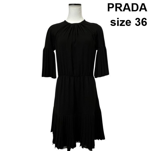 □ プラダ PRADA ワンピース ひざ丈 プリーツ 半袖 ギャザーネック 黒 