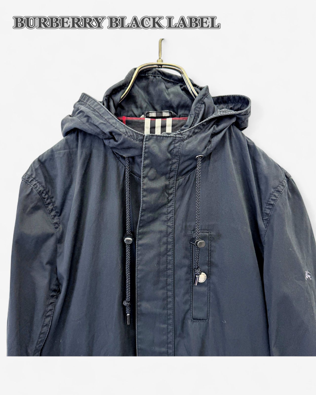BURBERRY BLACK LABEL モッズコート M 黒 ノバチェック フード付き