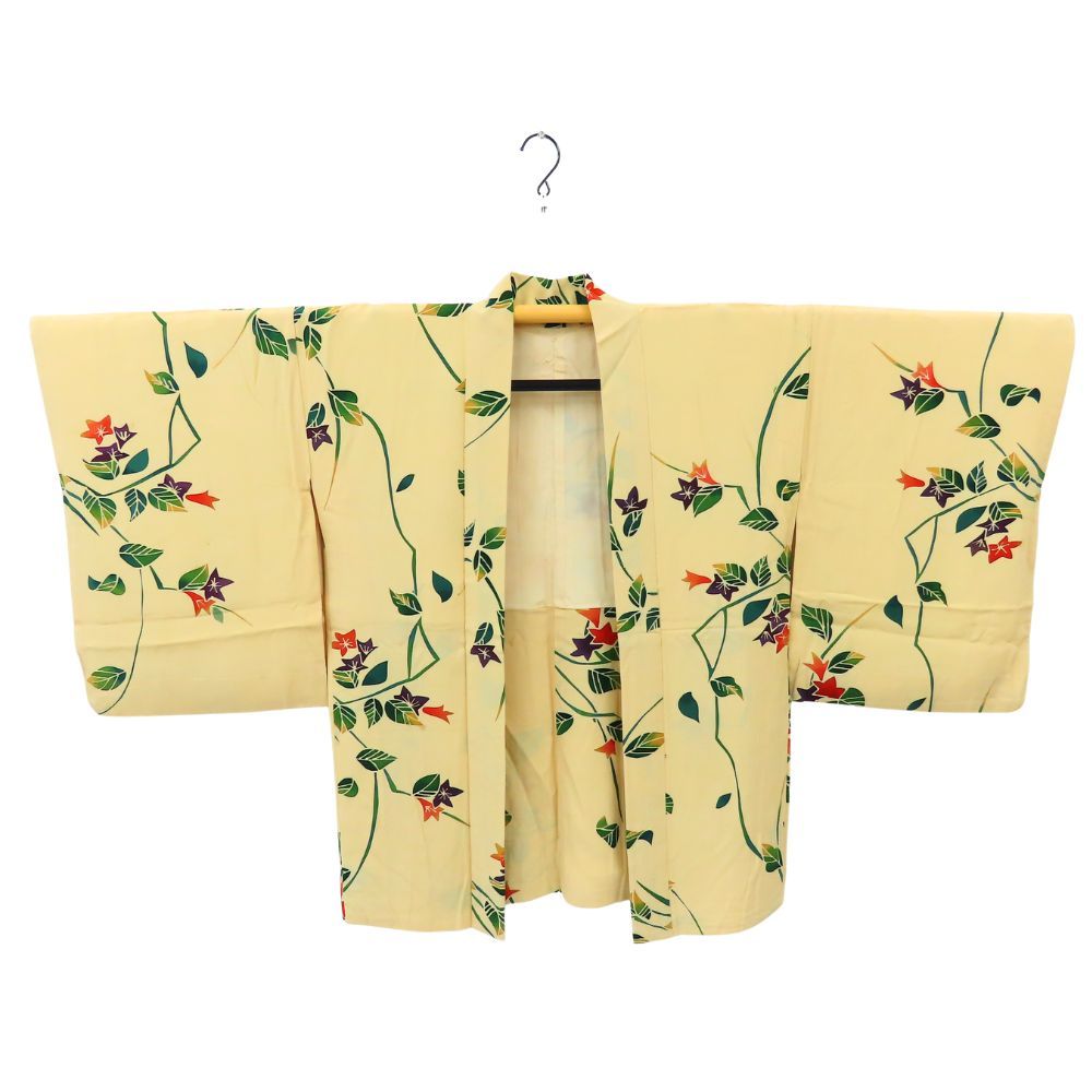 中古】 羽織 正絹 ベージュ グリーン マルチカラー 草花模様 モダン