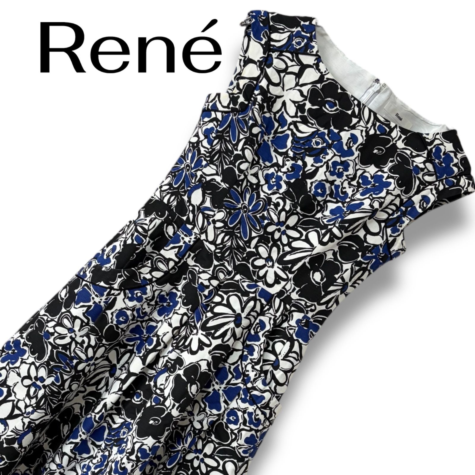 Rene ルネ ブルー&ブラック 花柄 ワンピース 膝丈 ノースリーブ Rene ルネ ブルー&ブラック 花柄 ワンピース 膝丈 ノースリーブ