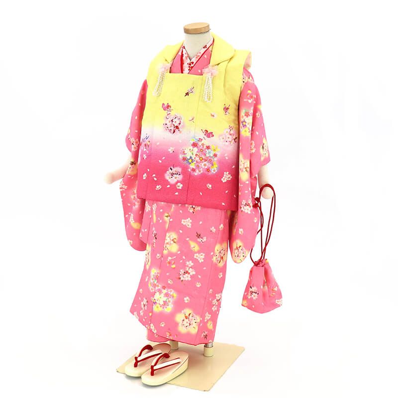 七五三 着物 3歳 女の子 被布セットピンク レモン色 ファンシー 桜 