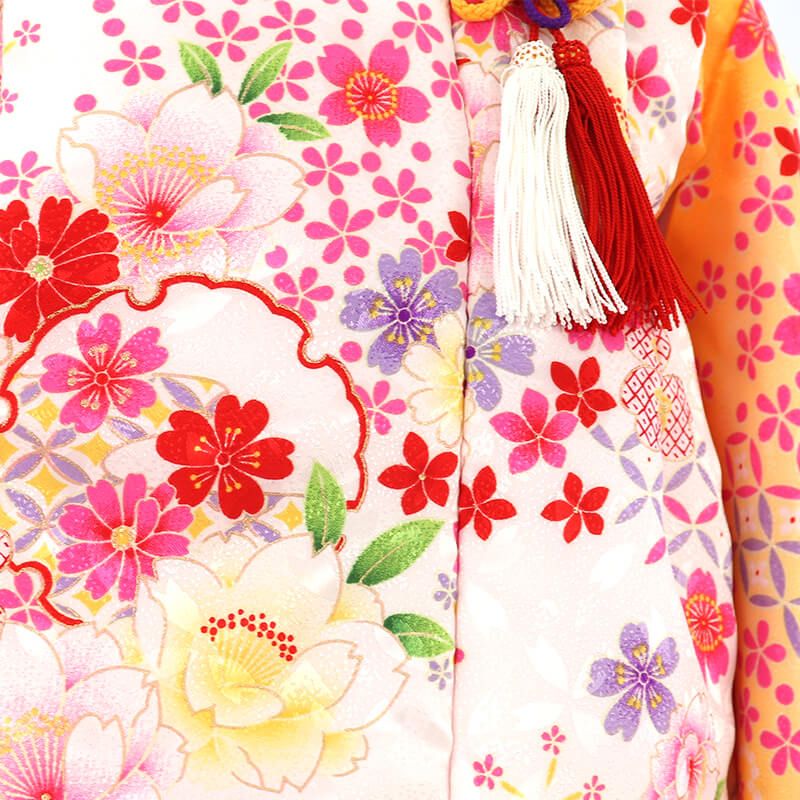 七五三 着物 3歳 女の子 被布セット黄色 白 花柄 雪輪 伝統文様 三歳