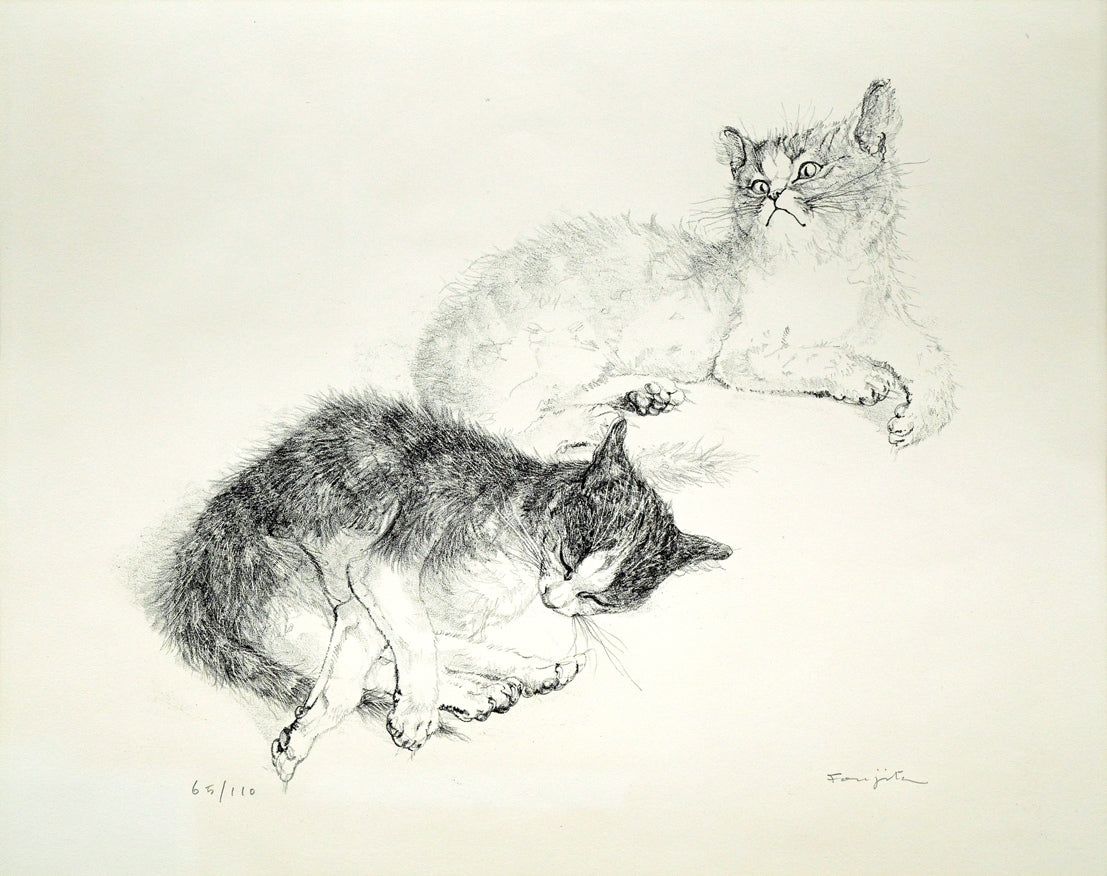 藤田 嗣治「二匹の猫」リトグラフ・限定直筆サイン入・1958年作・君代