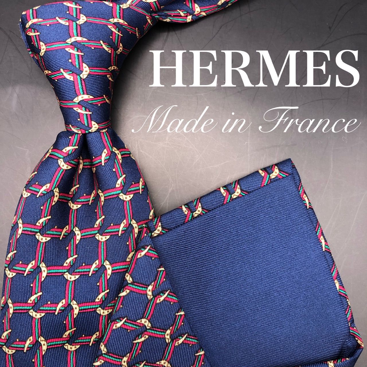 美品】HERMES ネクタイ チェック柄 総柄 ネイビー レッド リボン 鉄蹄 