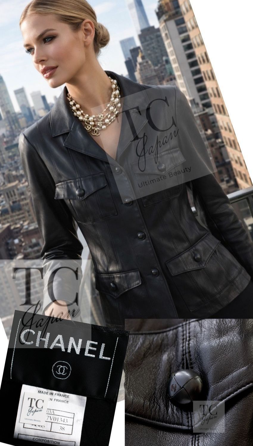 シャネル ジャケット CHANEL ブラック ラム レザー ココマークボタン