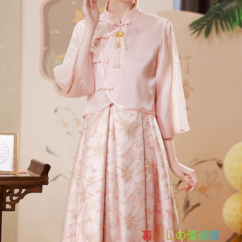 チャイナ風 ワンピース レディース チャイナ チャイナドレス チャイナボタン チャイナ服 中国風 衣装 袖あり 七分丈 ロングスカート ピンク 6lf0316