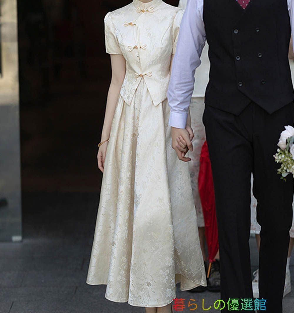 チャイナ風 ワンピース レディース チャイナ チャイナドレス チャイナボタン チャイナ服 中国風 衣装 半袖 ロングスカート シャンパンゴールド lf0316
