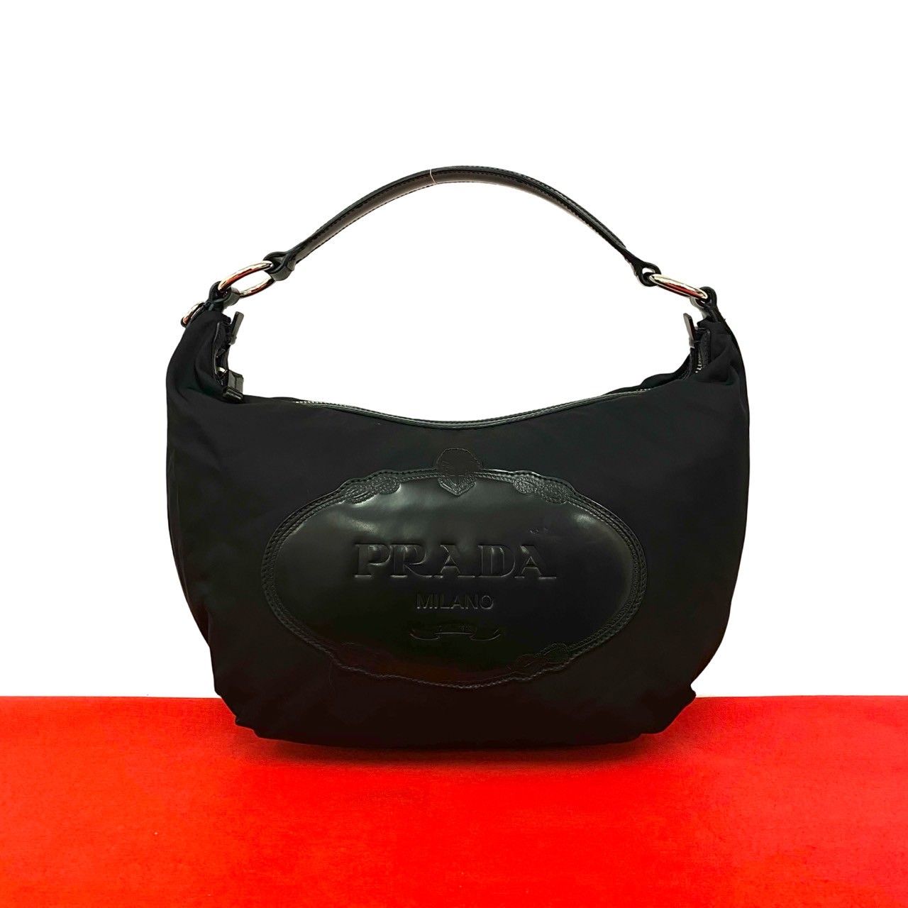 極 美品 PRADA プラダ ロゴ 刻印 ナイロン レザー 本革 セミ