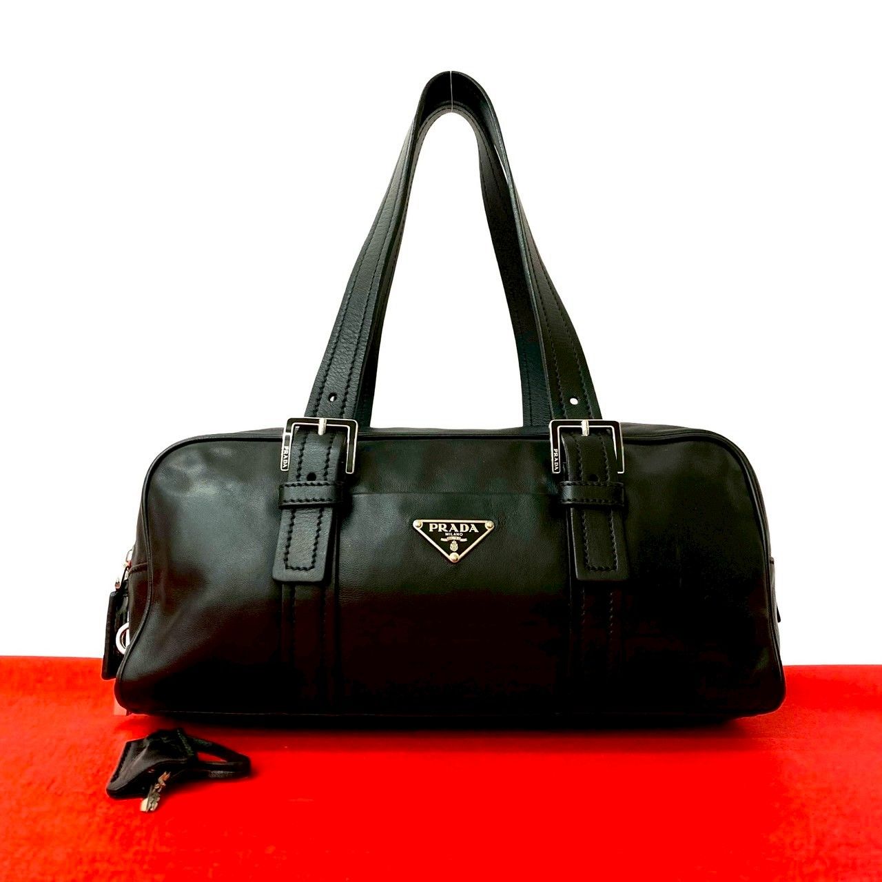 鑑定済】PRADA ハンドバッグ 三角プレート ロゴ ブラック オールレザー 