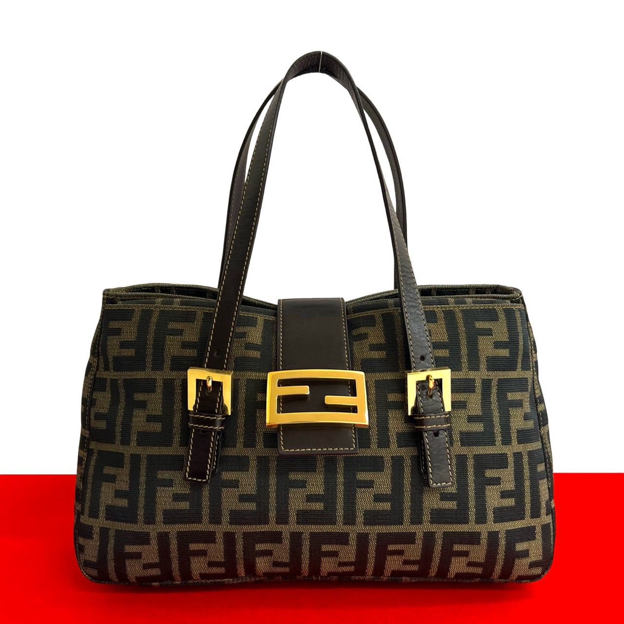 極 美品 FENDI フェンディ ズッカ FF 柄 ロゴ 金具 キャンバス レザー