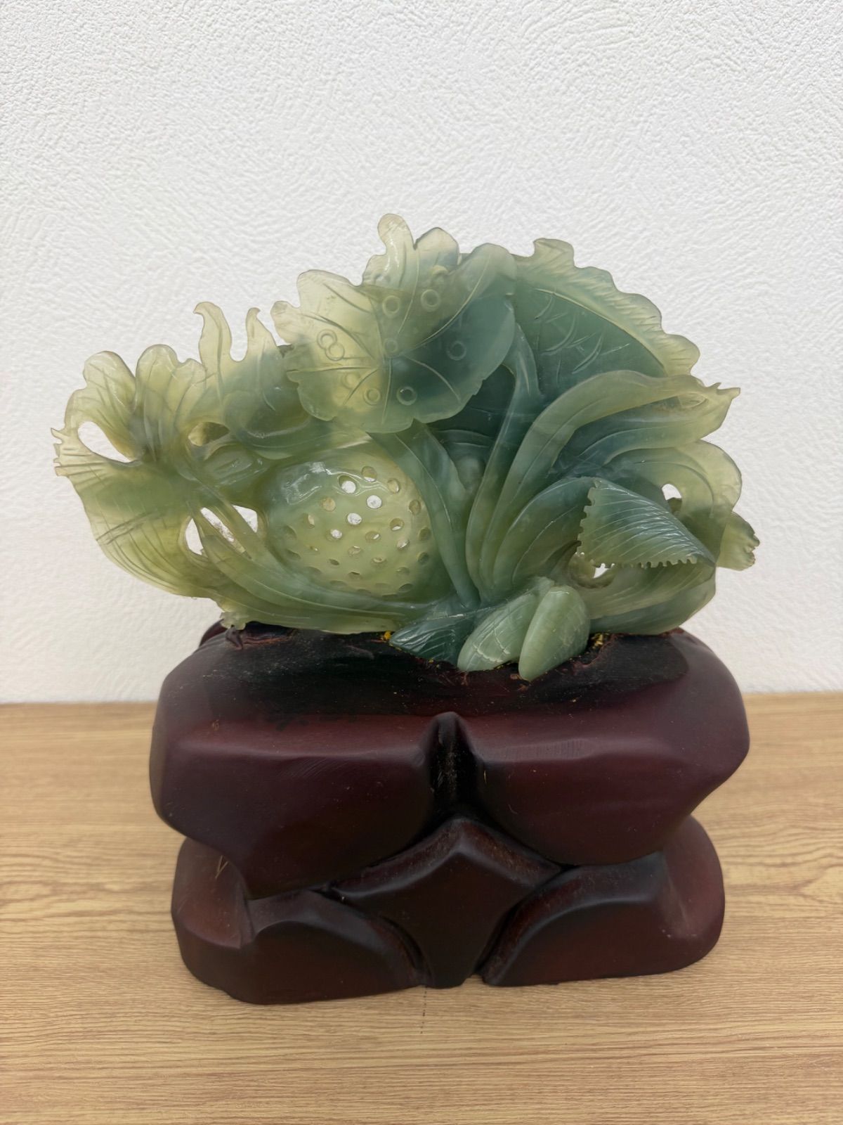  ÷4 中国伝統的工芸品 翡翠風石彫 魚 蓮 置物 その他 2 テープ収納 置物 インテリア小物