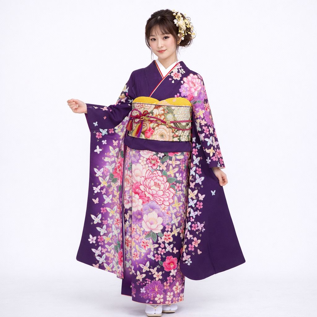 紫色花柄振袖 着物セット 6振袖 成人式 紫 花柄振袖7点セット フルセット 華やか振袖 可愛い