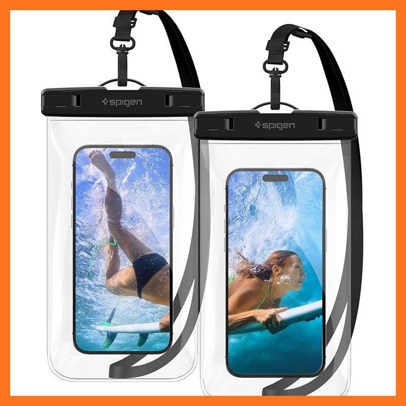 【新品】 Spigen スマホ 防水ケース 2枚セット 小物 iPhone Pixel Xperia 最大8.2インチ対応 タッチ可能 顔認証 密封 水中撮影 お風呂 温泉 釣り 海 IPX8認定 完全防水 ネックストラップ付属 A601 AMP03098 1