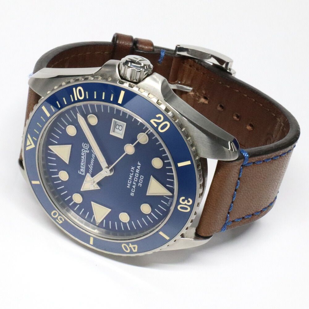  名古屋 エベラール スカフォグラフ300MCMLIX 41034 ブルー SS|革 自動巻 メンズ腕時計 男 デイリーウェア 自動巻き時計 腕時計(アナログ)