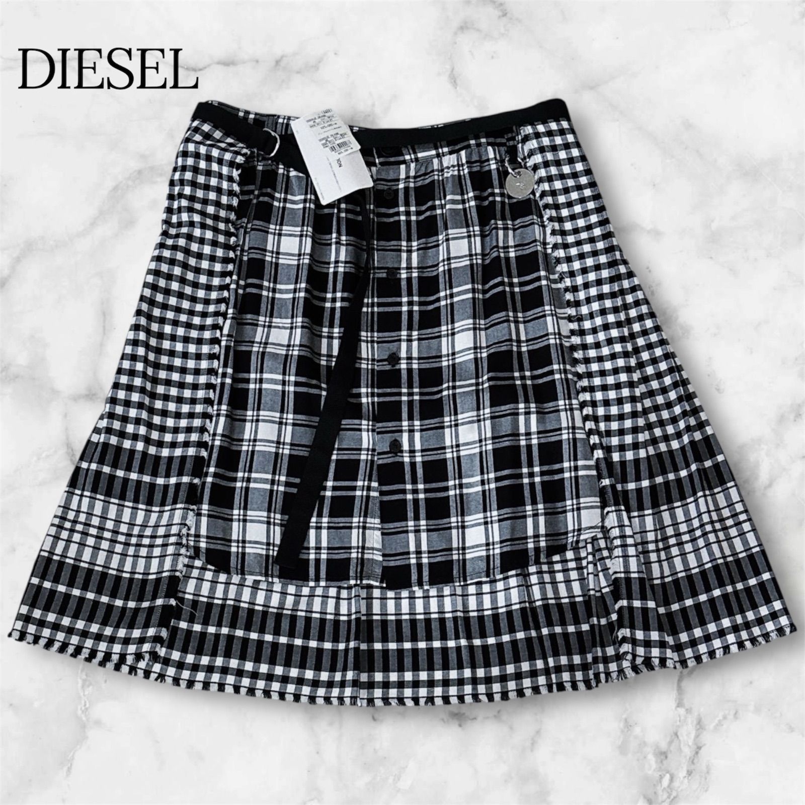 【新品タグ付き】DIESEL ディーゼル 2way 2枚組 レイヤード チェックスカート 27インチ O-SONJA SKIRT 黒 白 レディース B0650