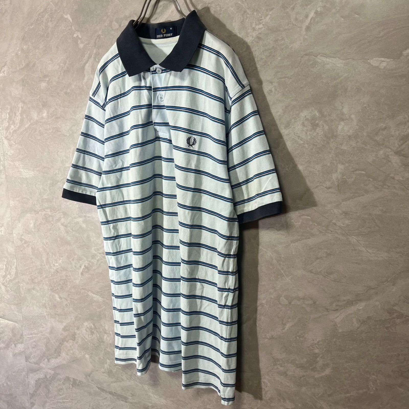 フレッドペリー FRED PERRY ボーダー ロゴ 刺繍 ポロ シャツ 水色 半袖