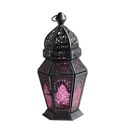 新品 モロッコランタン・キャンドルホルダー 高さ23cm オリエンタルランプ6面のレリーフガラス Morocco Lantern Candle holder (フューシャピンク)