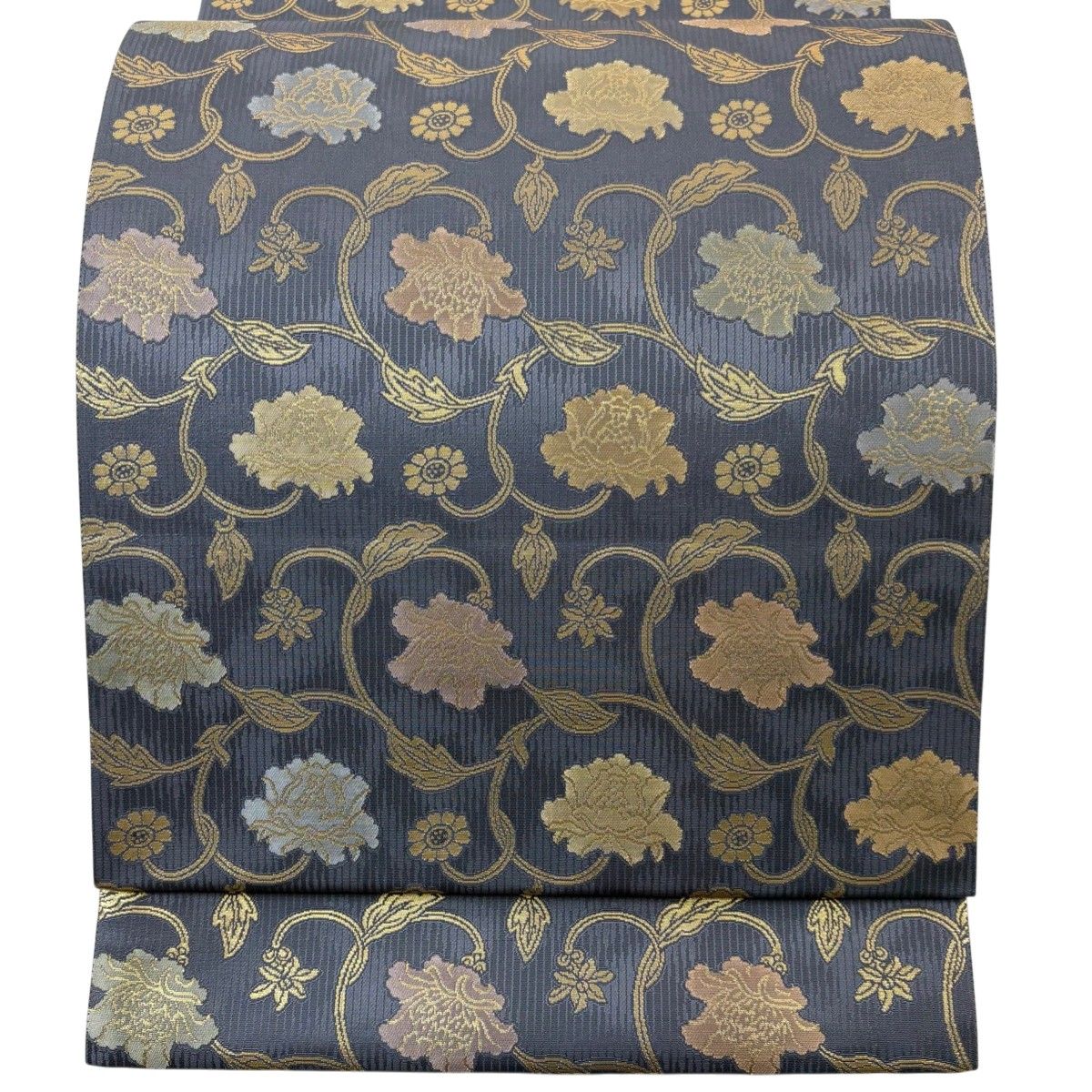 美品】 袋帯 名品 箔屋清兵衛 落款 花唐草 箔 青灰色 六通 正絹 【中古