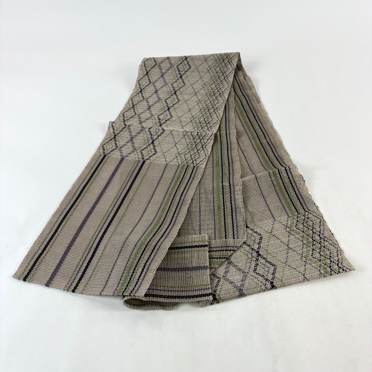 名古屋帯 秀品 夏帯 羅 八寸名古屋帯 松葉仕立て 菱 縞 金糸 灰茶 正絹