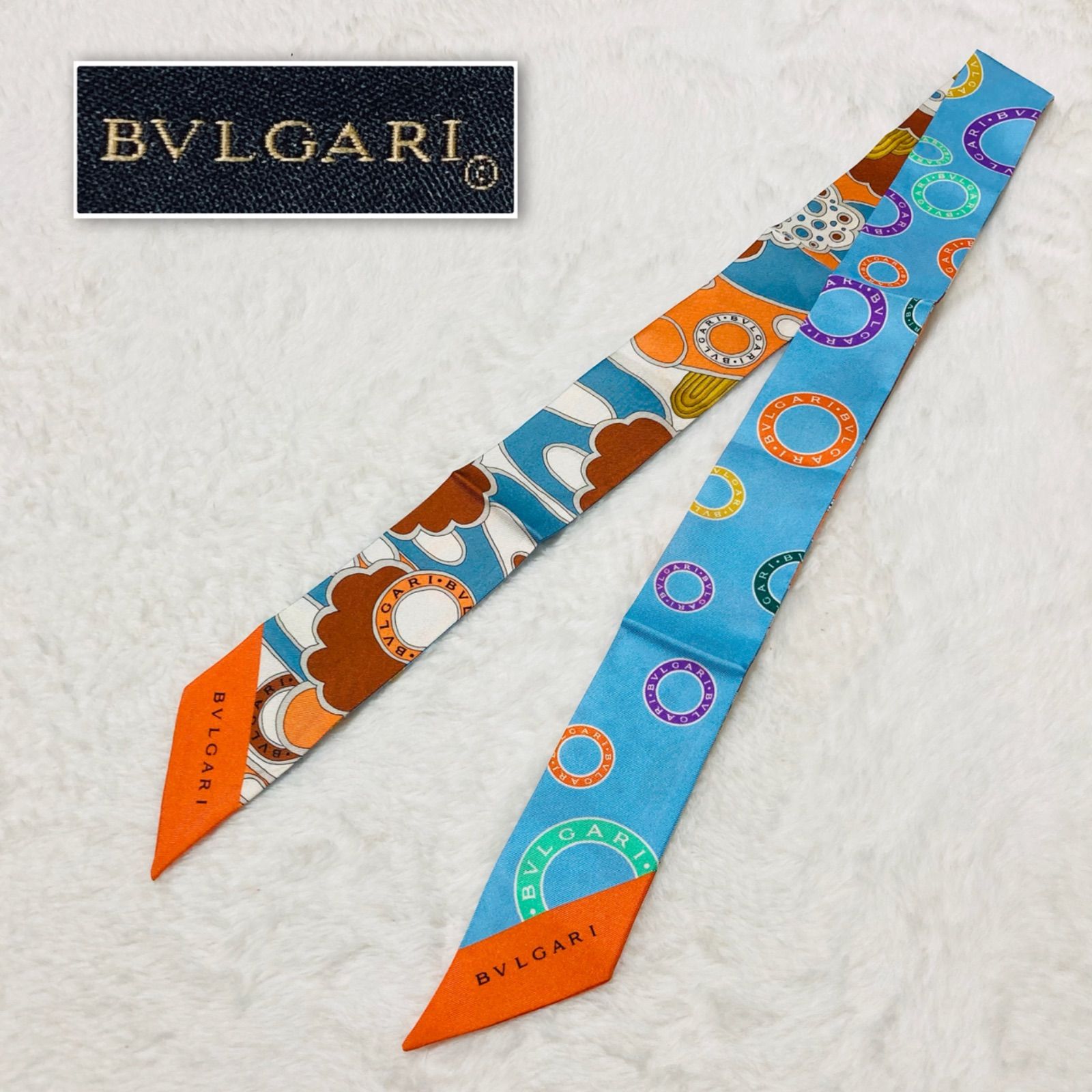 未使用 BVLGARI リボンスカーフ シェリー くすみブルー×ホワイト □極美品□BVLGARI ブルガリ ブルガリ・ブルガリ シェリー リボン