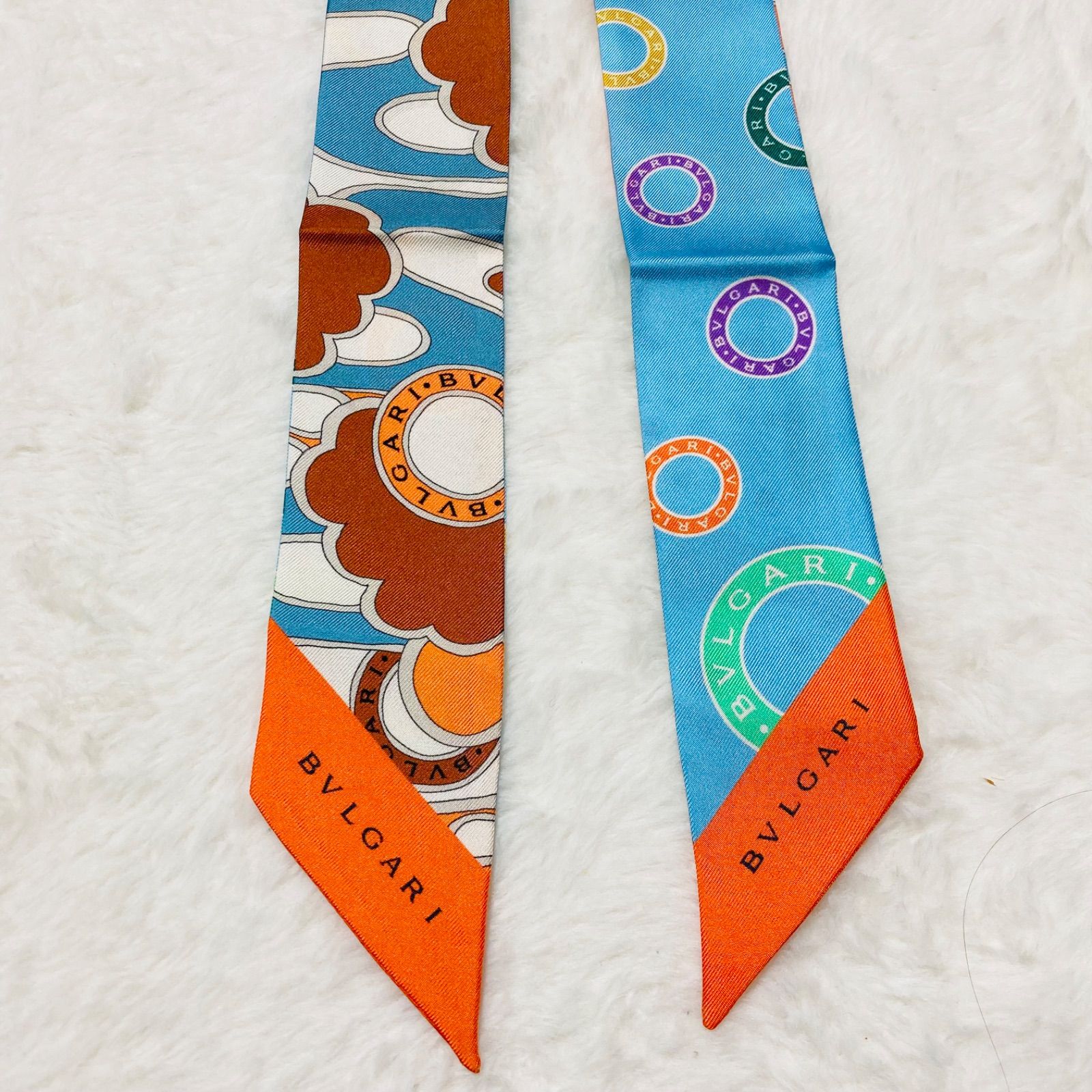 未使用 BVLGARI リボンスカーフ シェリー イエロー×ホワイト □極美品□BVLGARI ブルガリ ブルガリ・ブルガリ シェリー リボン
