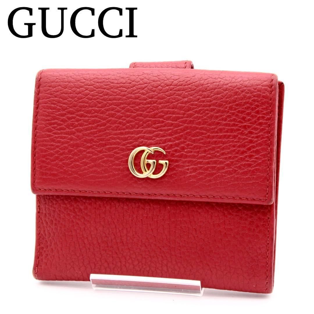 美品】GUCCI GGマーモント 二つ折り財布 レザー レッド ゴールド金具