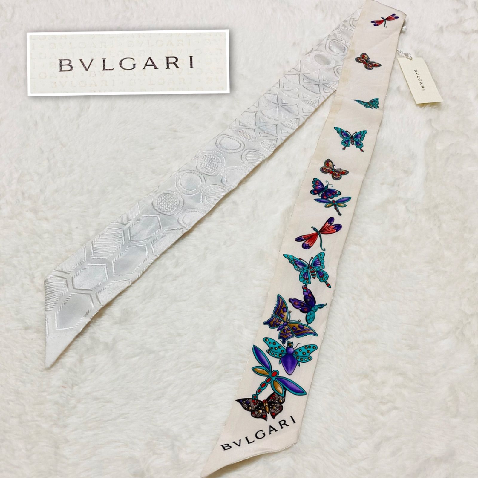 未使用 BVLGARI リボンスカーフ シェリー くすみブルー×ホワイト □紙タグ付き□BVLGARI ブルガリ シェリー リボンスカーフ 昆虫
