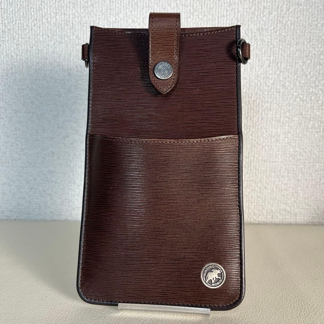 美品 ハンティングワールド スマホショルダーバッグ 本革 レザー 