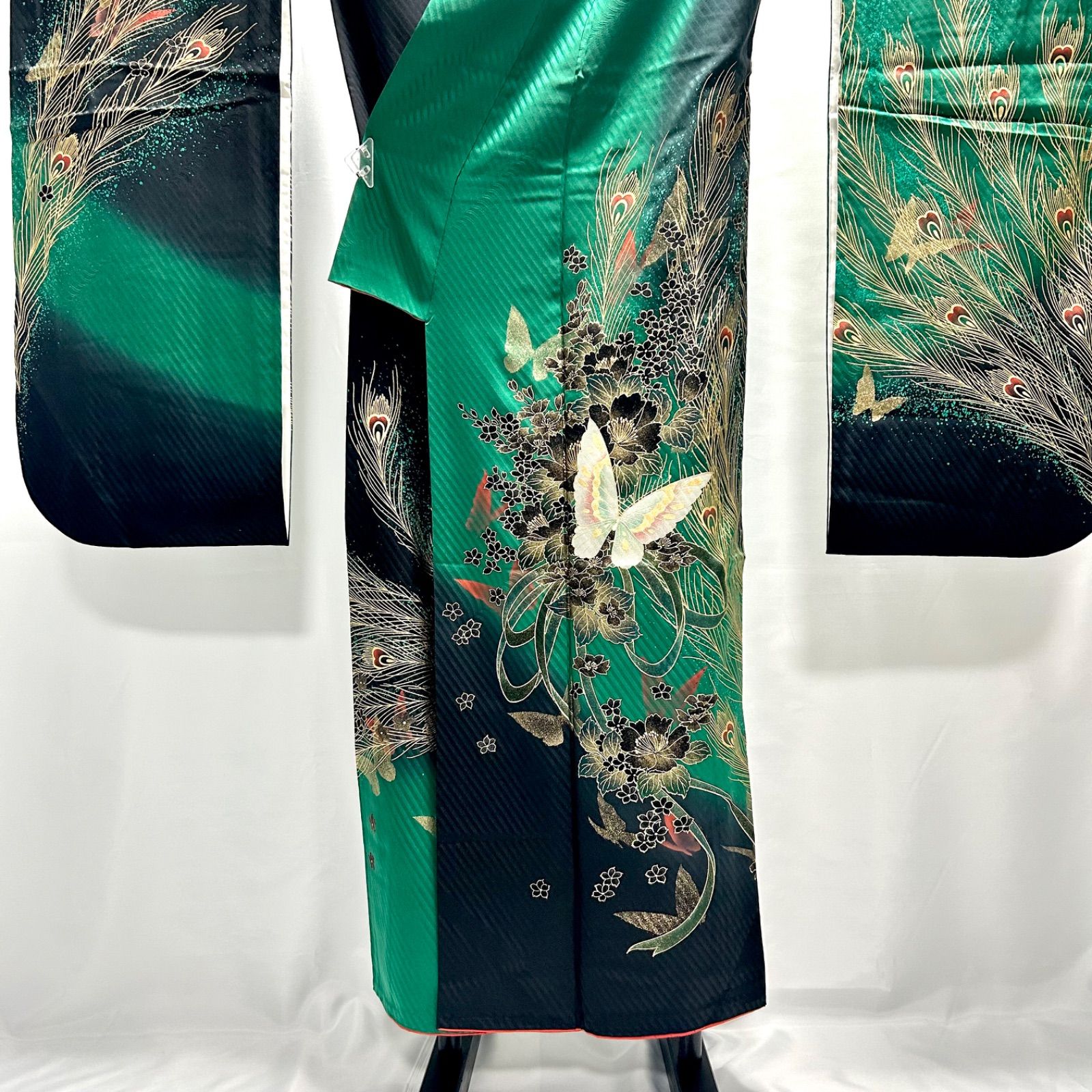 着物 帯 セット 振袖 袋帯 蝶々 花 緑系 黒系 華やか 中古品 