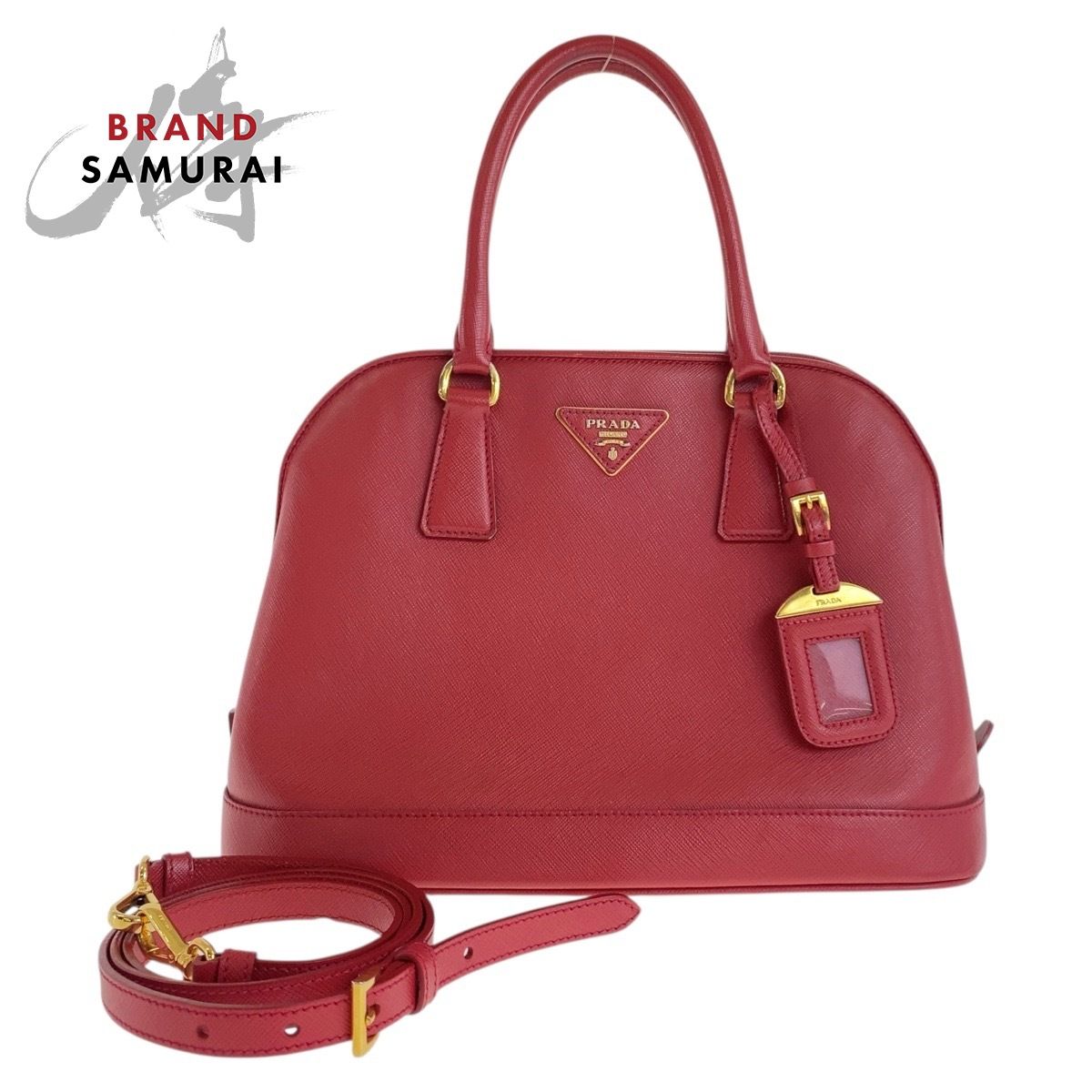 PRADA プラダ サフィアーノ 三角ロゴプレート レッド ゴールド金具 