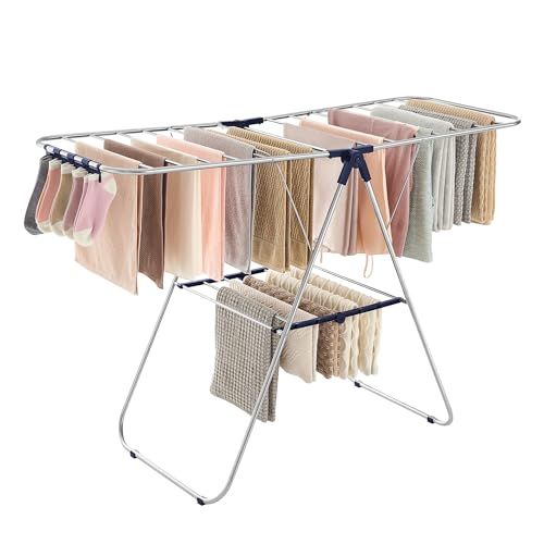 新品 SONGMICS 物干しラック 室内・屋外兼用 折りたたみ式 幅148cm 24本ハンガーロッド・27個クリップ付き 大容量 3段階高さ調整ウィング 洗濯干し 布団干し タオル干し スチール製 頑丈 防錆 省スペース 組立簡単 LLR52BU