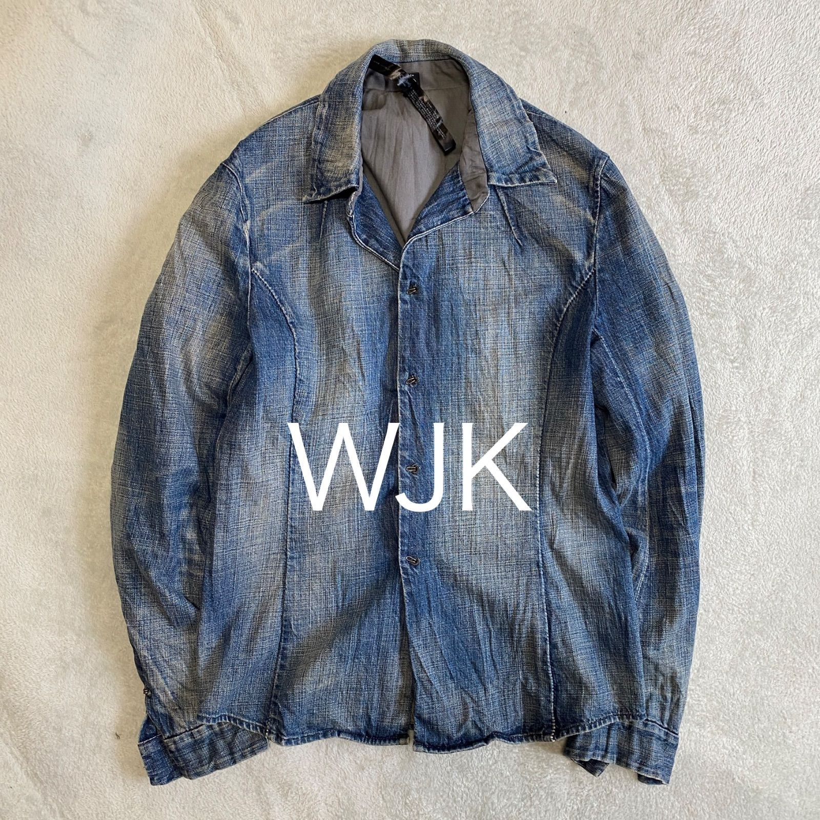 WJK デニムジャケット Lサイズ フックボタン シャツジャケット しわ 
