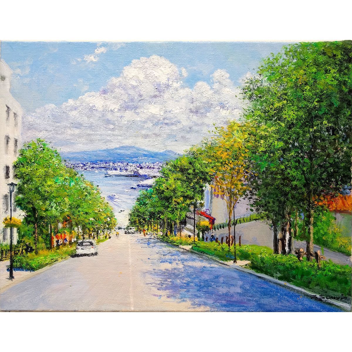油彩画 F6号 澤井進 「八幡坂」 油絵 額入り 風景画 真筆 肉筆画