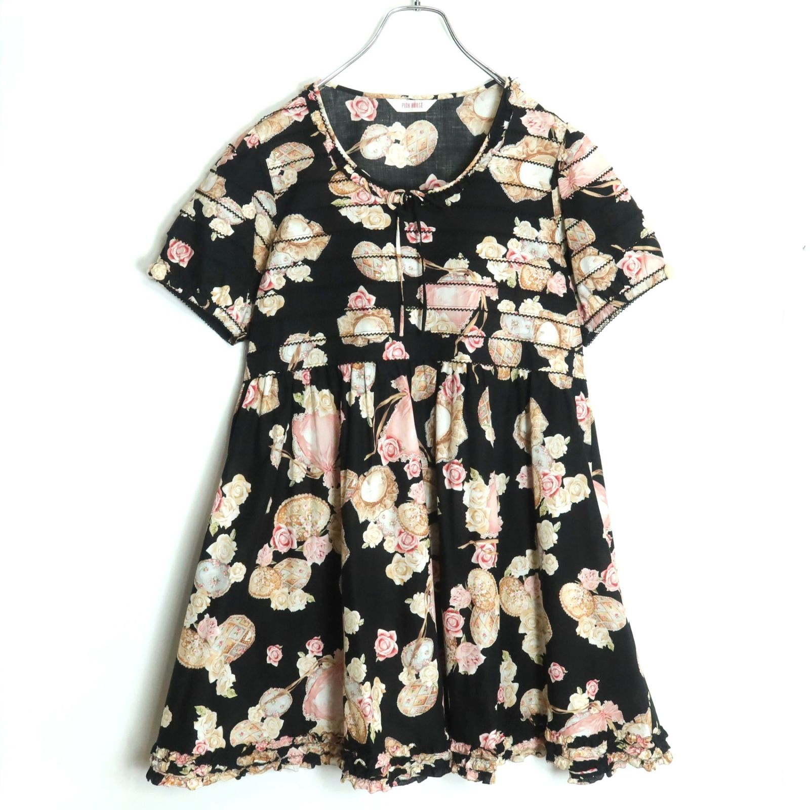 ピンクハウス　薔薇柄チュニックワンピース　黒 美品】ピンクハウス☆ローズ柄♪チュニックワンピース ピコ刺繍 綿