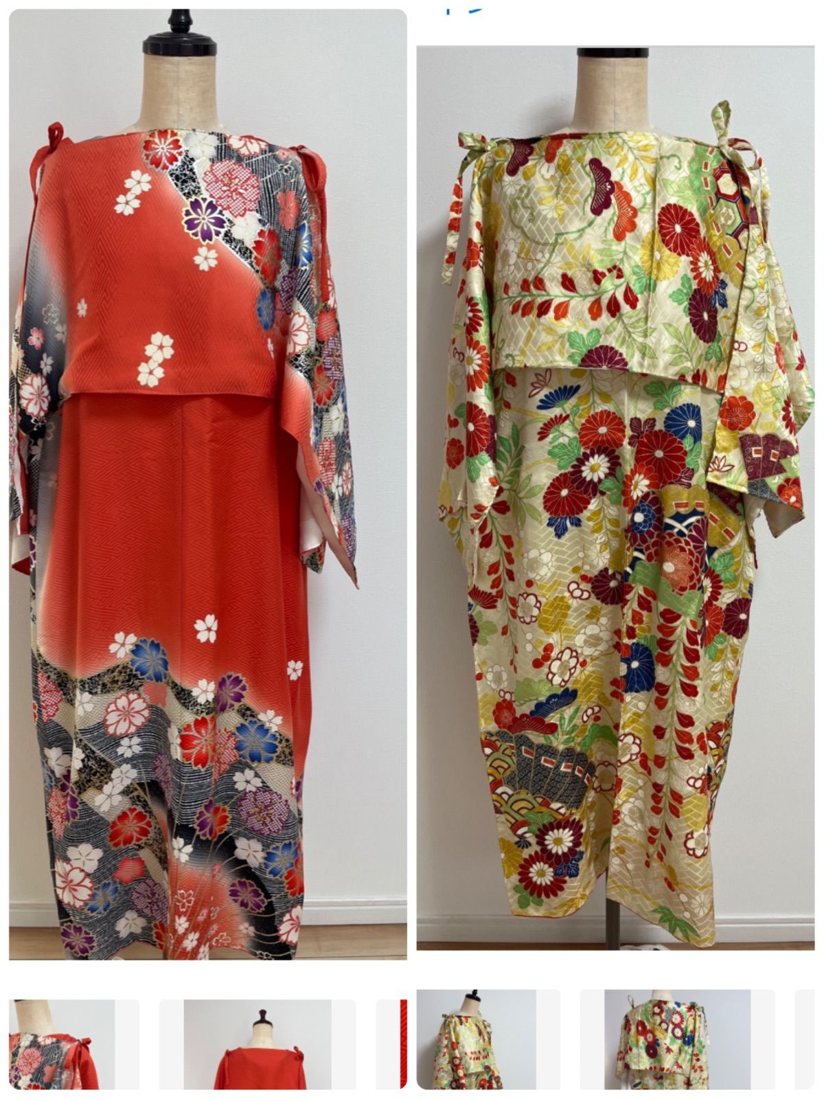 ok様専用♡ 着物2点 正絹着物リメイク　豪華オレンジ花柄　ゆったりサイズ　シャール付き　ノースリーブ