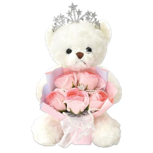 新品 ポピー名古屋 ソープフラワー シャボンフラワー 造花 ギフト プレゼント 5輪ブーケ バラ 花束 約22cm ぬいぐるみ クリアボックス付き SH-060 ホワイト