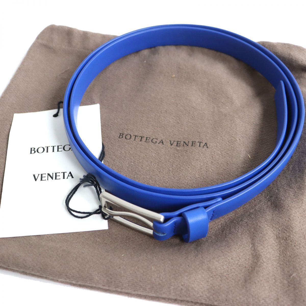 【ドンドン見直し】未使用品△BOTTEGA VENETA ボッテガヴェネタ 657167 ロゴ刻印バックル レザーベルト 細め ブルー×シルバー 95/38 メンズ 伊製 袋・タグ付 ドンドン見直し】未使用品△BOTTEGA VENETA ボッテガヴェネタ 657167