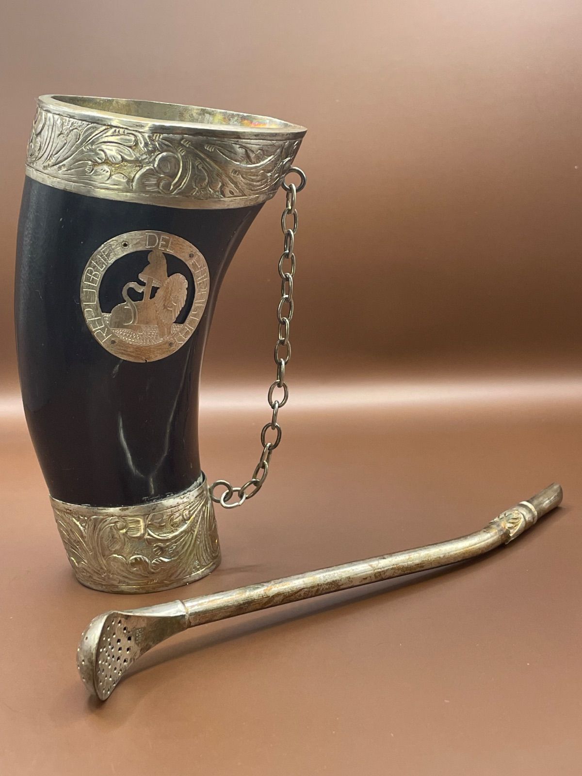 レア品/銀製】パラグアイ 伝統工芸 マテ茶器 グアンパ & ボンビージャ