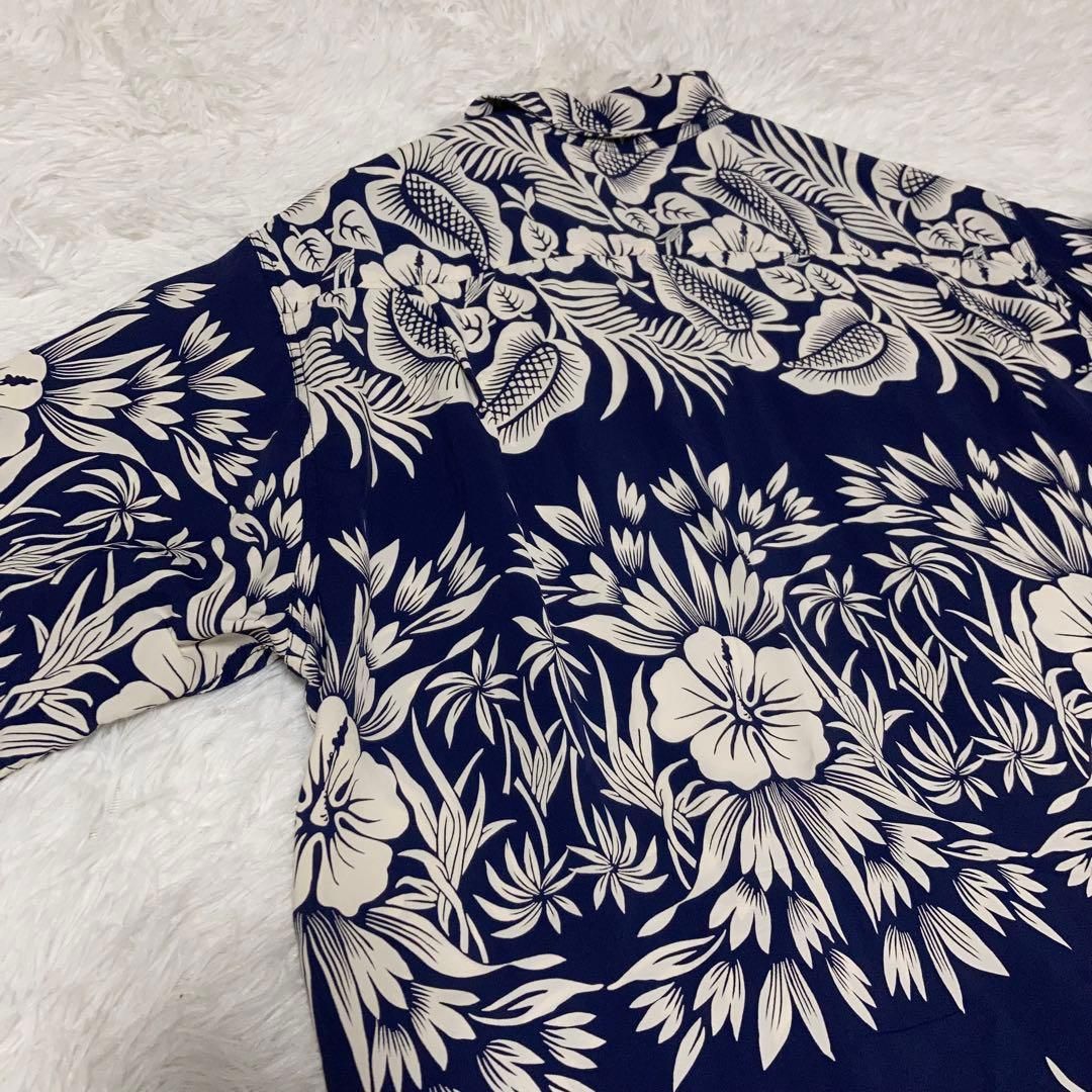 極美品】SUNSURF アロハシャツ 半袖 開襟 ハイビスカス リーフ 紺 L